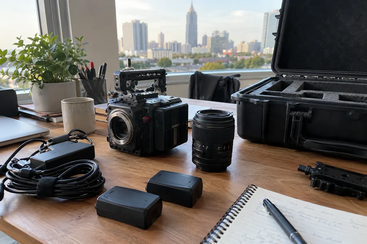 Camera, lens and batteries prepared for an Atlanta cinema equipment rental